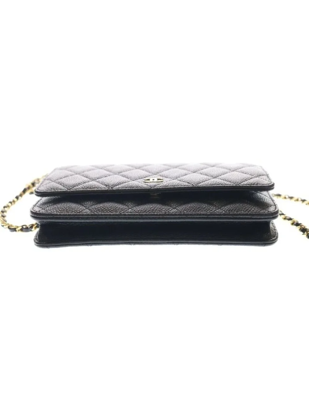 Chanel Quilted Caviar Leather Gold Chain Wallet Shoulder Bag Plate Black